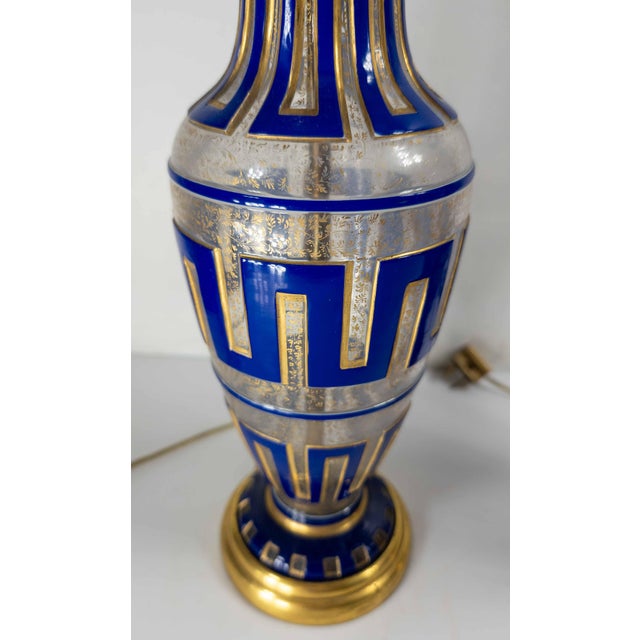 Late 19th Century 19th Century Pair of Bohemian Cameo Glass Table Lamp Vases With Greek Key Design in Blue For Sale - Image 5 of 16