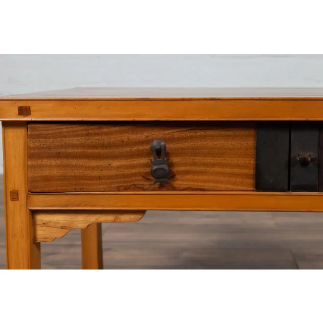 Brown Vintage Chinese Natural Wood Side Table with Two Drawers and Crackled Ice Shelf For Sale - Image 8 of 13