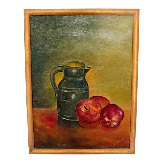 Vintage Still-Life Painting of a Dark Green Ceramic Pitcher and Red Apples, by Artist Lr Smith For Sale
