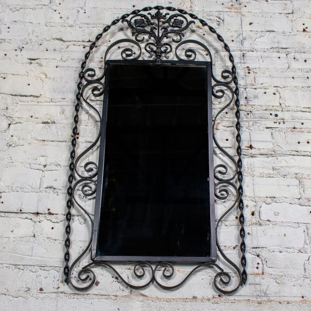 Mid-20th Century Art Deco Wall Mirror Black Painted Wrought Iron Frame W/Cast Brass Details & Arched Top For Sale - Image 15 of 18