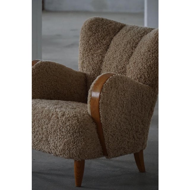 1930s Danish Modern Art Deco Lounge Chairs in Shearling Lambswool & Elm, 1940s, Set of 2 For Sale - Image 5 of 18