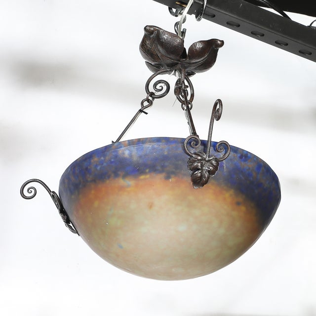 Art Deco Pâte De Verre Blue & Smoked Honey Glass Chandelier W/ Leaf Form Fitting For Sale - Image 13 of 18