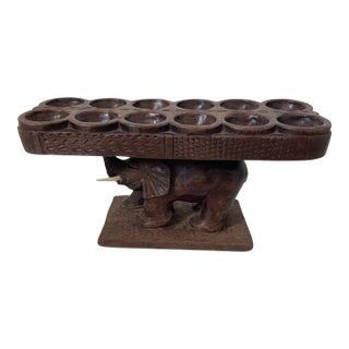 VTG African Hand Carved Elephant Mancala Wooden Game Board Folk Art Signed For Sale