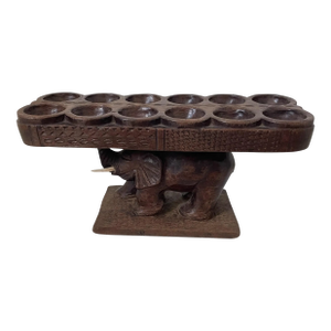 VTG African Hand Carved Elephant Mancala Wooden Game Board Folk Art Signed