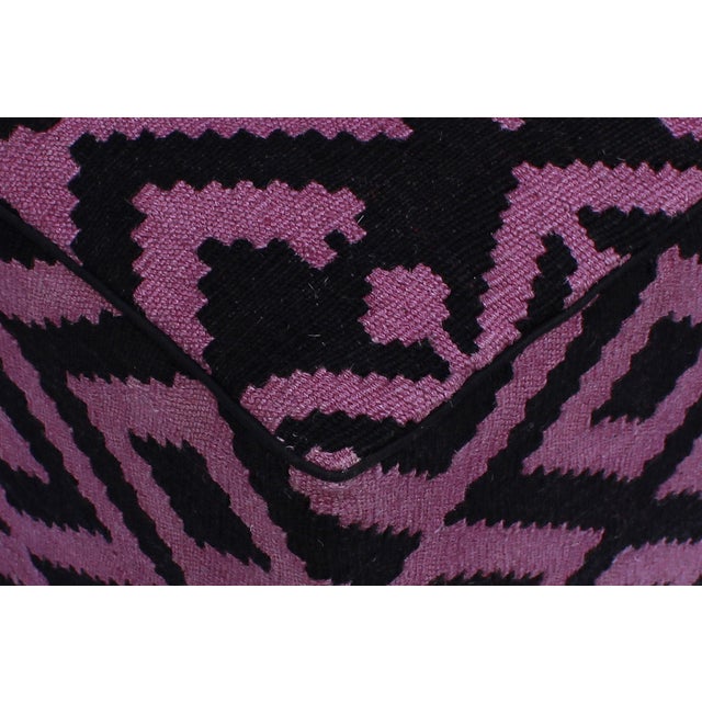 1990s Boho Chic Black/Purple Handmade Kilim Upholstered Ottoman For Sale - Image 5 of 9