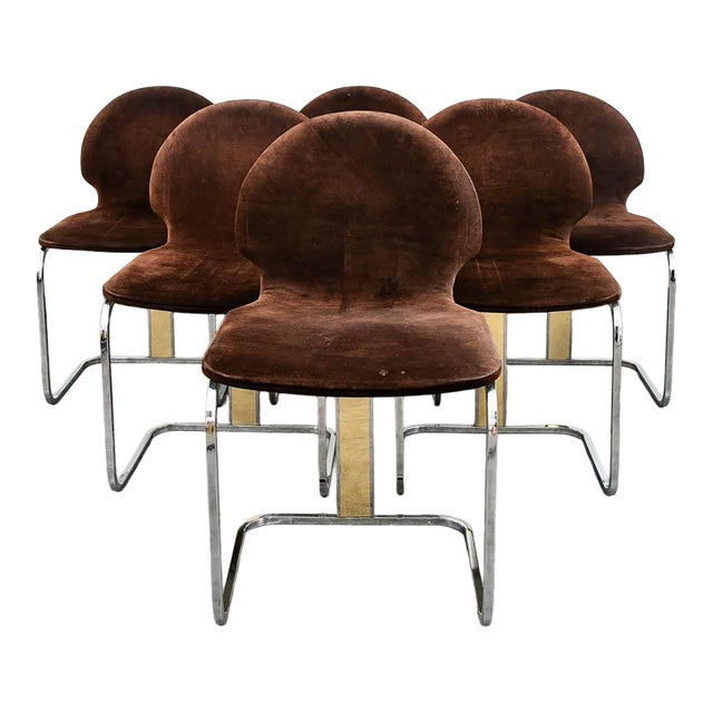 Mid Century Modern Dining Chairs Set 6 Chrome Brass Suede Italy Attributed to Willy Rizzo 70s For Sale