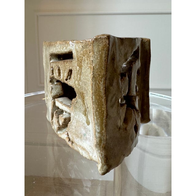 Mid-Century Modern Vintage Handmade Zen Triangular Incised Ceramic Objet / Candleholder For Sale - Image 3 of 12