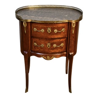 1900 Antique French Louis XV Walnut & Satinwood Inlay Marble Top Nightstand For Sale