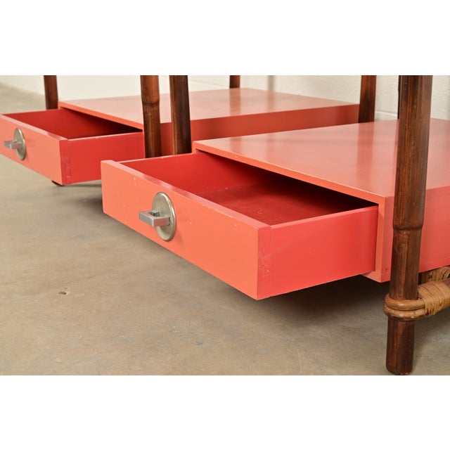 Wood John Wisner for Ficks Reed Mid-Century Hollywood Regency Bamboo Rattan Glass Top Side Tables, Pair For Sale - Image 7 of 11