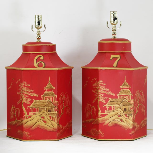Vintage Red Chinoiserie Hand-Painted Hexagon Tea Caddy Table Lamps - a Pair For Sale - Image 11 of 11