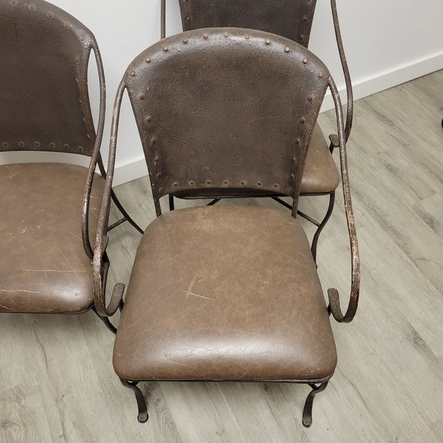 Set of 4 Spanish Revival Wrought Iron Dining Chairs With Leather Seats, C. 1990s For Sale - Image 10 of 14