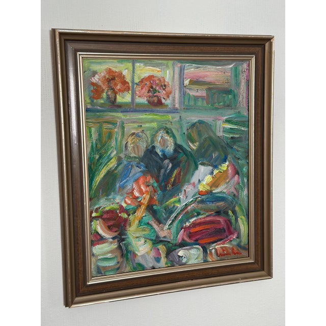 Erik Lo, Interior with Figures, 1960s, Oil on Canvas, Framed For Sale - Image 6 of 17