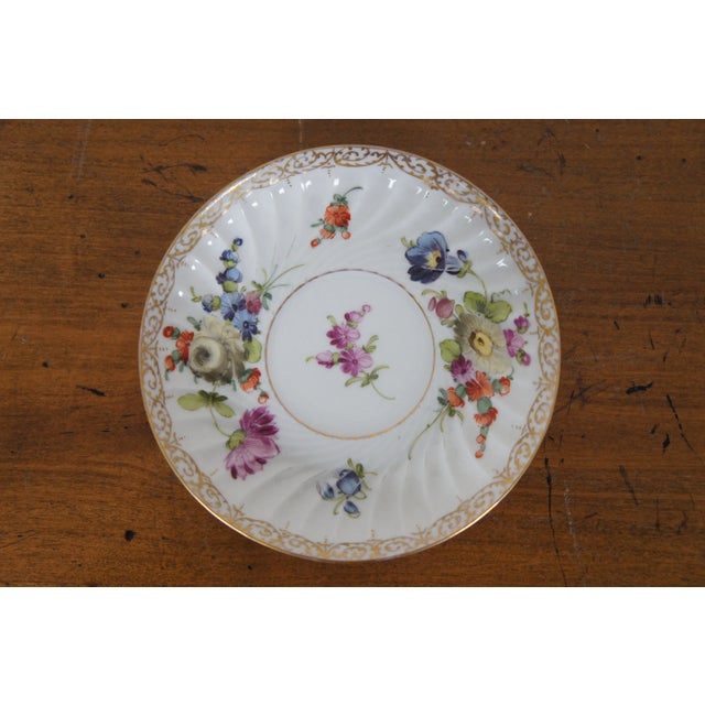 Antique Dresden Blue Crown Polychrome Porcelain Demitasse Saucer Flowers Gilding For Sale - Image 6 of 12