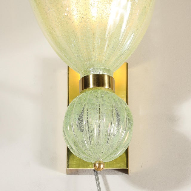 2020s Pair of Modernist Pale Jade Hand-Blown Murano Glass Sconces W/ Brass Fitting For Sale - Image 5 of 12