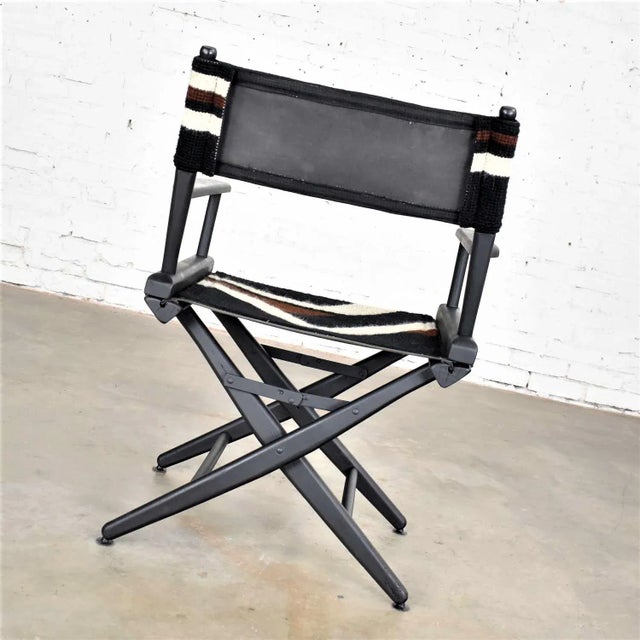 Wood Vintage Modern Director’s Chair Folding Black Brown White Geometric Needlepoint For Sale - Image 7 of 13