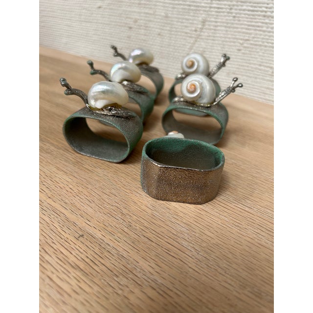 Boho Chic 1990s Handcrafted Vintage Steel & Shellcraft Snail Napkin Rings- Set of Six For Sale - Image 3 of 7