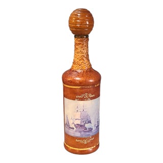 Vintage Italian Leather Wrapped Decanter Nautical Sailing Ship Detail For Sale