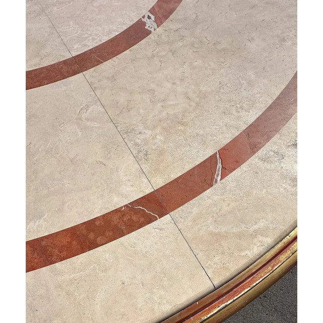 1960s 1960s Large 82" Round Italian Inlaid Rouge & Carrera Marble & Carved Gilt Wood Center Table Perfect for Hotel Lobby For Sale - Image 5 of 7