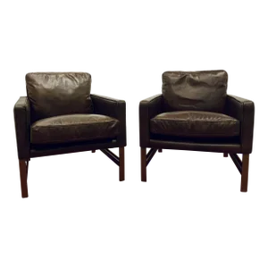 Modern Brown Leather Club Chairs Pair