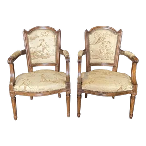 French 19th Century Walnut & Toile Louis XVI Fauteuils -A Pair