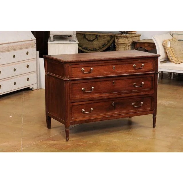 French 19th Century French Louis XVI Style Cherry Three-Drawer Commode with Fluting For Sale - Image 3 of 13