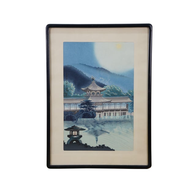 Japanese Mid 20th Century Japanese Tokuriki Asada Pagoda Temple Moonlight Woodblock Prints 20" - Set of 2 For Sale - Image 3 of 13