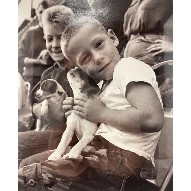 Contemporary Nick Meek Framed Black and White Photograph "Boy With Puppy" Unsigned- Image Used in a Mastercard Ad Campaign in 2001 For Sale - Image 3 of 6