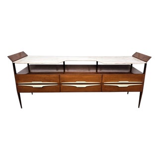 Mid-Century Art Deco Italian Walnut and White Marble Sideboard, 1950s For Sale