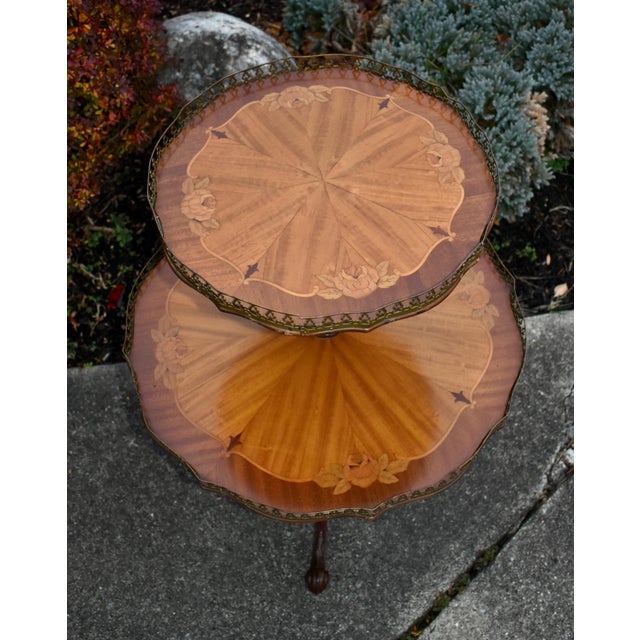 Vintage Two Tier Carved & Inlaid French Style Table W/Brass Gallery For Sale - Image 9 of 13