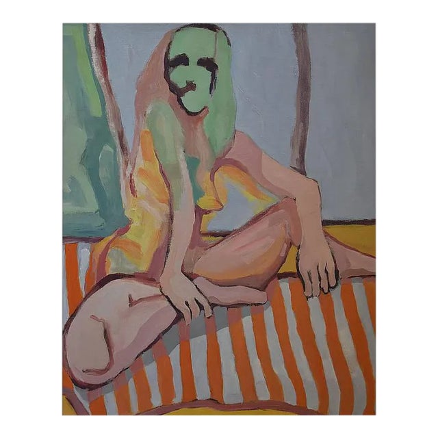'Nude Lady on Orange Throw' Large Oil on Canvas by American Expressionist, George Brinner For Sale
