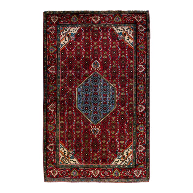Vintage Handmade Persian Red Medallion Wool Rug 4'1" X 6'7" For Sale