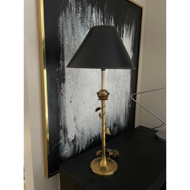 Metal Vintage Brass Rose Table Lamp Twisted Vine Black Tole Shade Hollywood Regency For Sale - Image 7 of 12