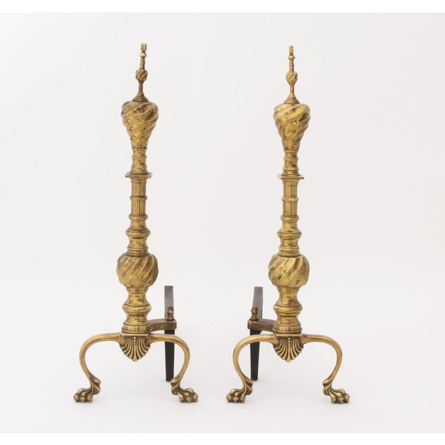 Pair of Federal Style Brass Andirons. 25" H x 18" L x 9" D. Provenance: From the Collection of Anna Condo.