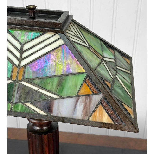 Antique Arts & Crafts Slag Glass Oak Table Lamp For Sale - Image 9 of 12