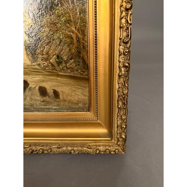 Wood 19th Century European Alpine Landscape Oil on Board With Hand-Carved Gilt Frame, Circa 1870 For Sale - Image 7 of 13