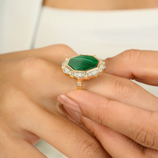 Geometric Fancy Cut 7.7 CTW Malachite Diamond Adjustable Cocktail Ring in 14K Solid Yellow Gold featuring natural...