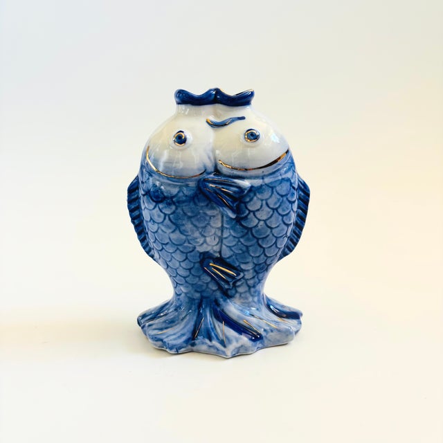 Chinese Blue and White Porcelain Kissing Koi Fish Vase For Sale - Image 3 of 12
