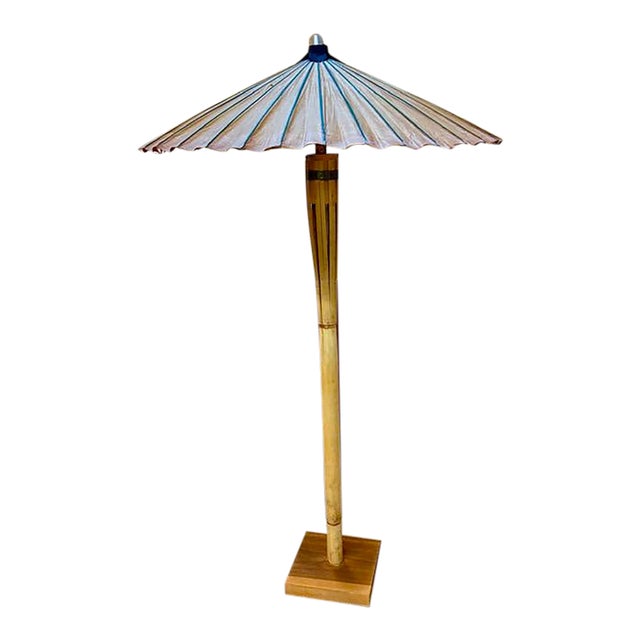 Mid Century Bamboo Floor Lamp With a Fab Rice Paper Umbrella Shade For Sale