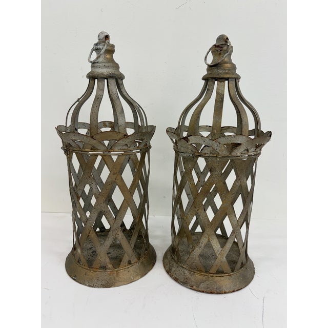 Late 20th Century Pair of Distressed Metal Lanterns For Sale - Image 5 of 9