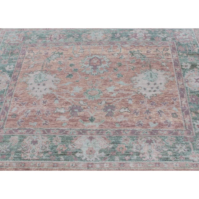 Light Green Square Oushak Design Rug in Light Green, Pink and Coral With All-Over Design For Sale - Image 8 of 11