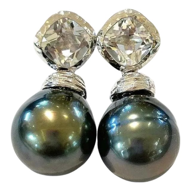 Bochic "Orient" White Topaz & Tahiti Pearl Earrings Set In 18K Gold & Silver For Sale
