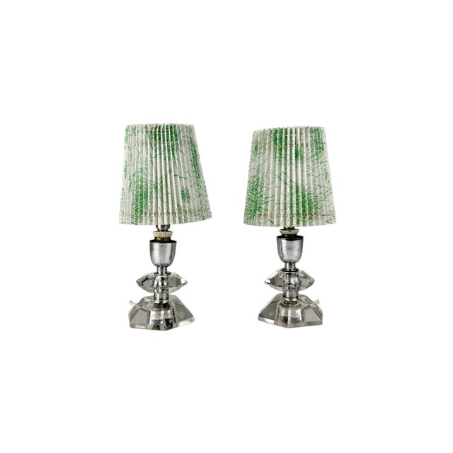 Small Mid-Century Cut Crystal Table Lamps with Acrylic Shades, 1950s, Set of 2 For Sale
