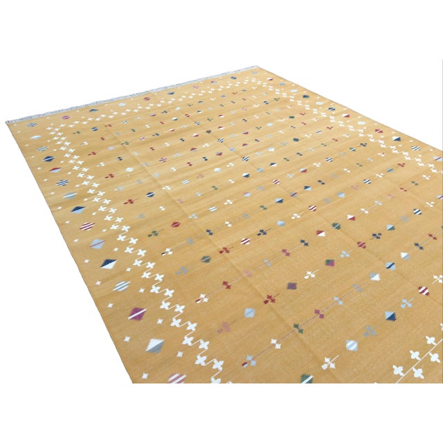Mustard Handmade Cotton Vegetable Dyed Area Rug, Mustard Yellow Shooting Star Dhurrie - 9'x12' For Sale - Image 8 of 10