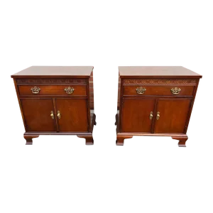 Baker Furniture Pair of Chippendale Style Mahogany Inlaid Carved Nightstands Bedside Cabinets - a Pair