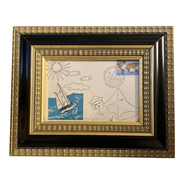 Contemporary Original Judy Henn Abstract Ink Drawing/Collage “First Day Sailing” Framed For Sale