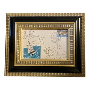 Contemporary Original Judy Henn Abstract Ink Drawing/Collage “First Day Sailing” Framed