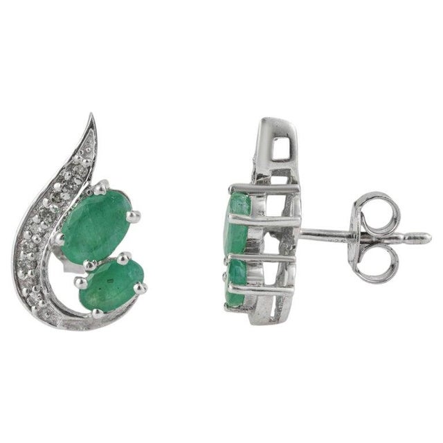 Petite Emerald and Diamond Curved Stud Earrings in Sterling Silver - A Pair For Sale - Image 6 of 11