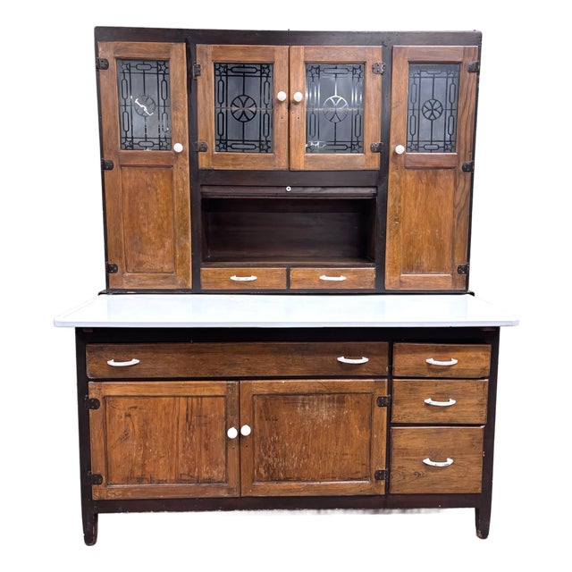 Antique Hoosier Style Farmhouse Cabinet With Glass Doors and Enamel Worktop For Sale