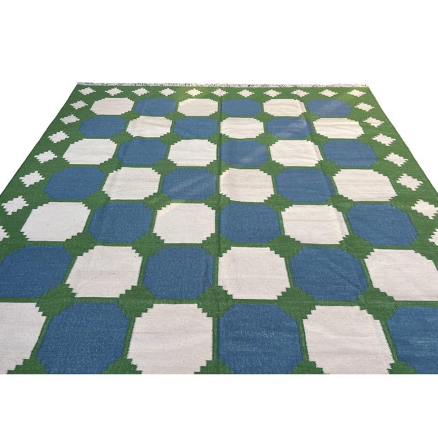 Handmade Woolen Flat Weave Swedish Pattern Blue, Cream and Moss Green Area Tile Rug - 8'x10' For Sale - Image 13 of 13