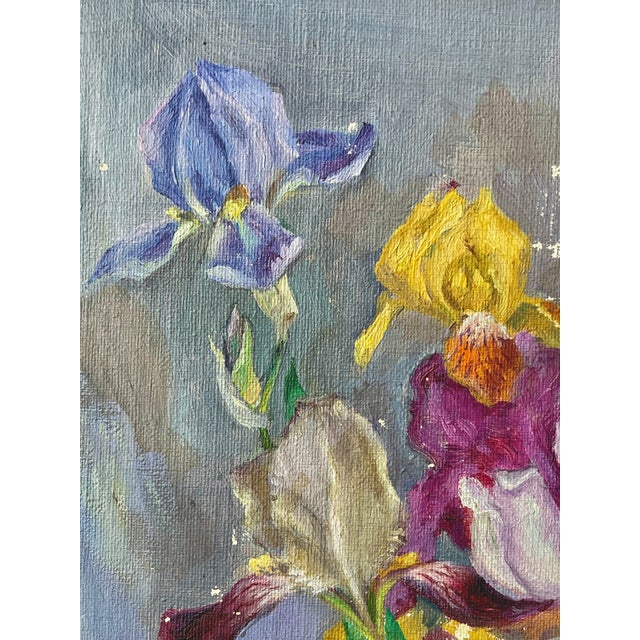 Early 20th Century Oil Painting Colorful Still Life of Irises in a Blue Vase For Sale - Image 13 of 15